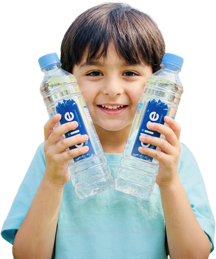 Child holding two Glice water bottles