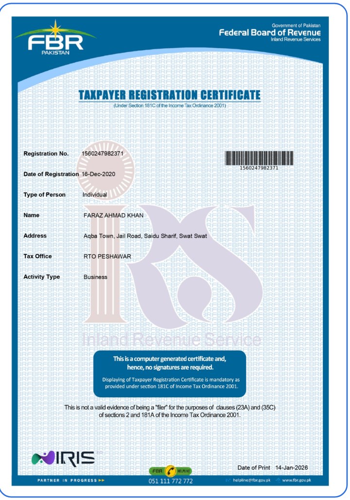 FBR Taxpayer Registration Certificate